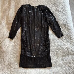 Vintage '80s Black 100% Silk Sequin & Beaded Dress with Shoulder Pads — Size M